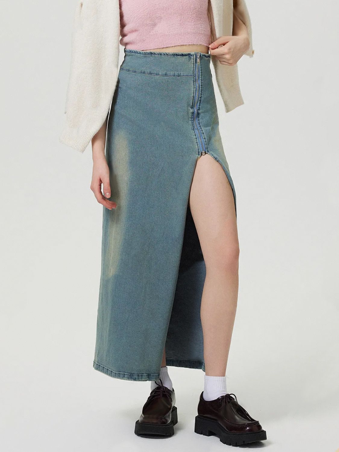 Slit Denim Skirt with Zip