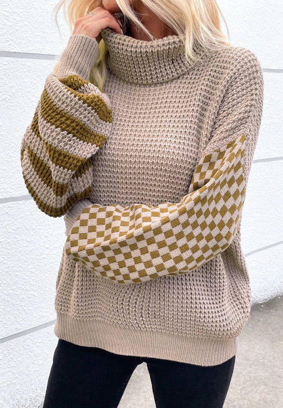 Striped & Checkered Turtleneck Dropped Shoulder Sweater