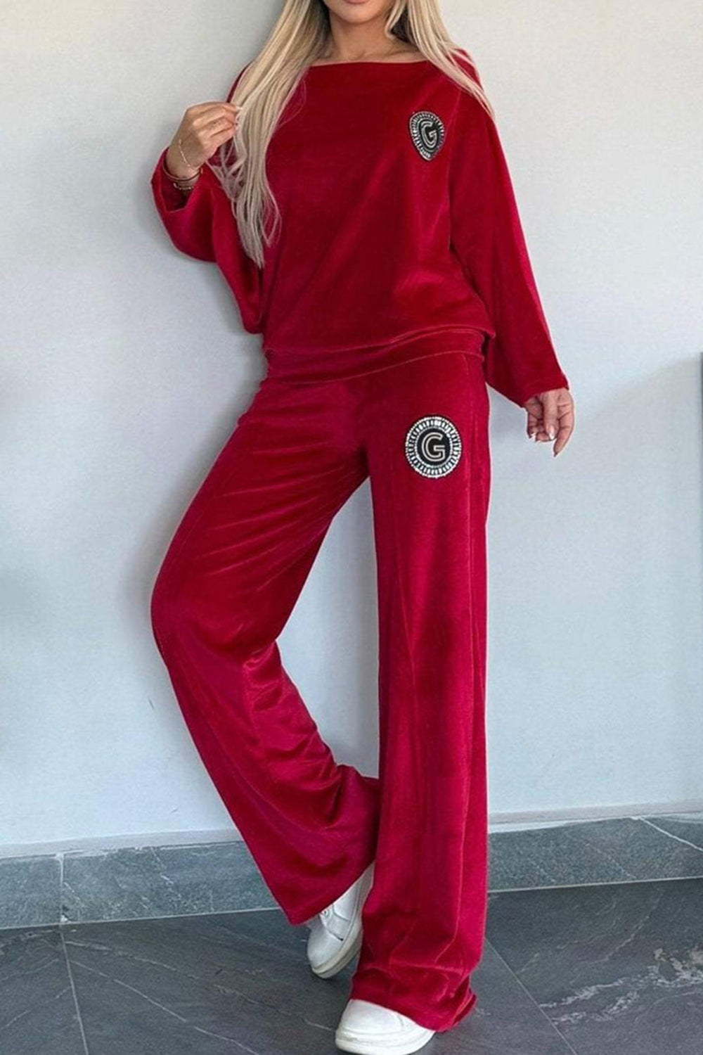 Conjunto de pantalón y blusa de manga larga con cuello barco en talla grande