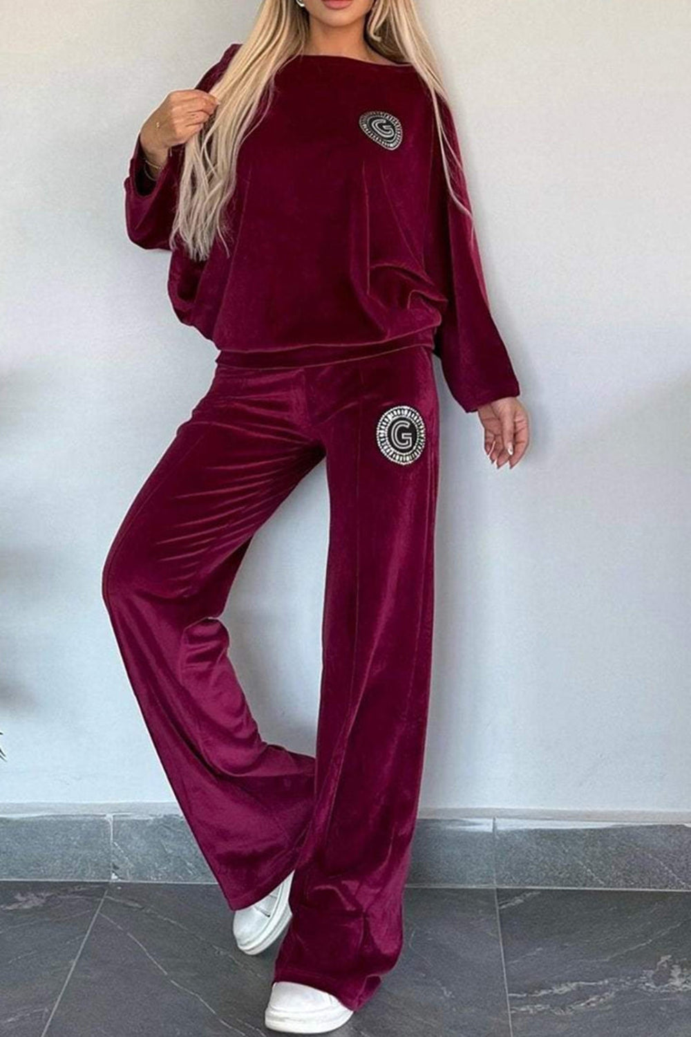 Conjunto de pantalón y blusa de manga larga con cuello barco en talla grande