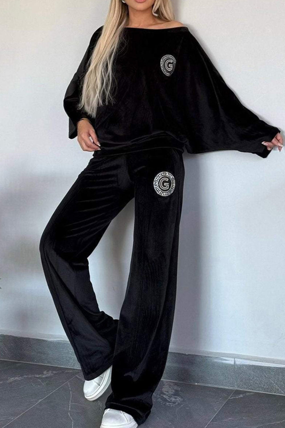 Conjunto de pantalón y blusa de manga larga con cuello barco en talla grande