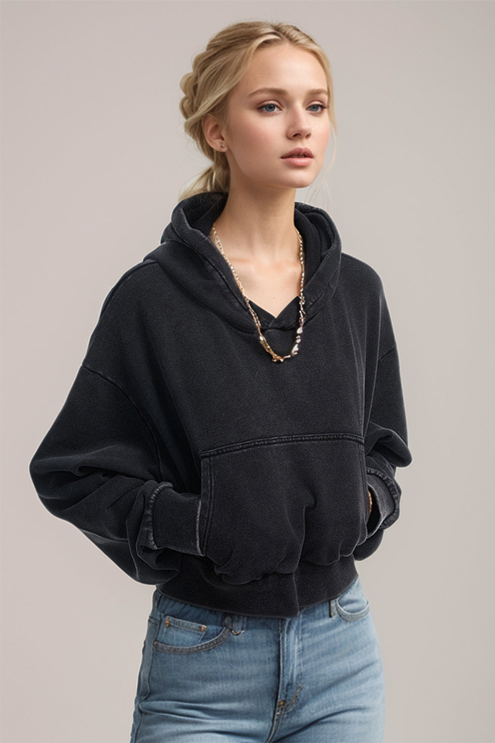 Kangaroo Pocket Long Sleeve Cropped Hoodie